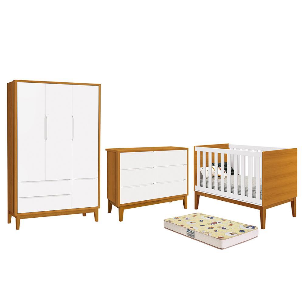 Dormitório Completo Infantil Classic 3 Portas, Cômoda 6 Gavetas, Berço Branco/savana Com Pés Amadeirado E Colchão D18 - Reller Móveis