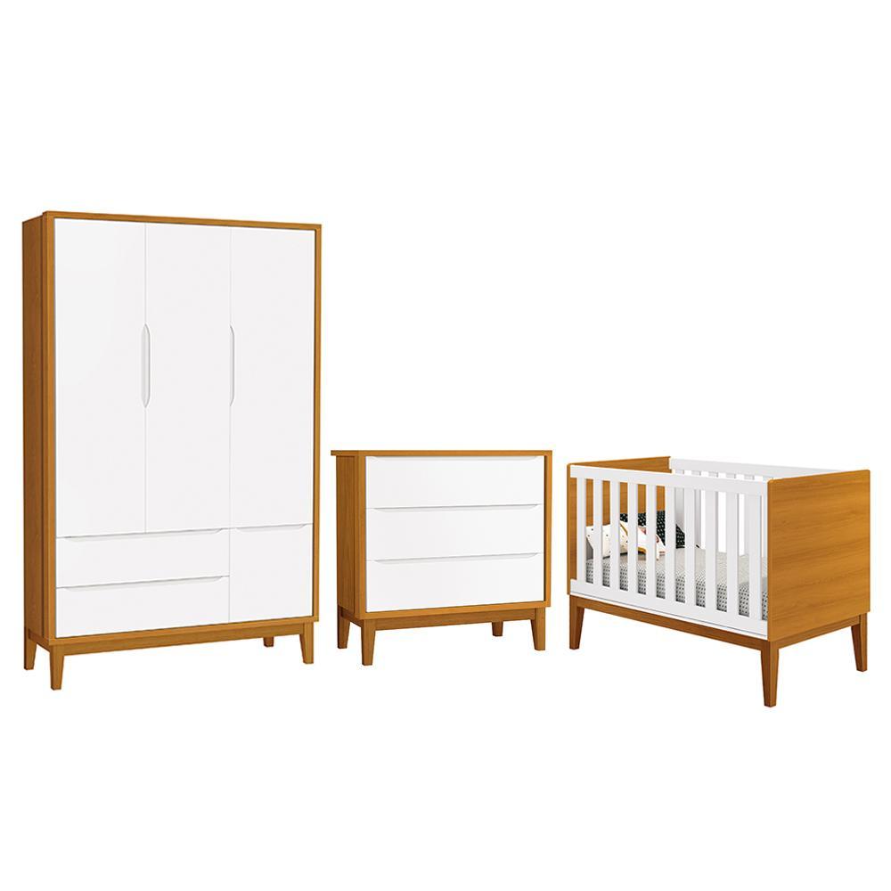 Dormitório Infantil Classic 3 Portas, Cômoda 3 Gavetas E Berço Branco/savana Com Pés Amadeirado - Reller Móveis