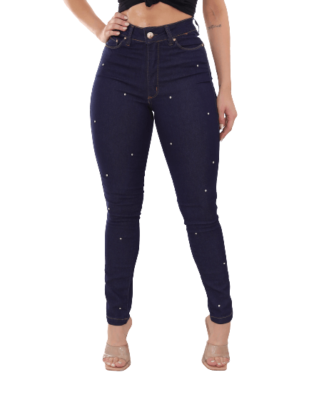 Calça Feminina Skinny Jeans Escuro Com Strass