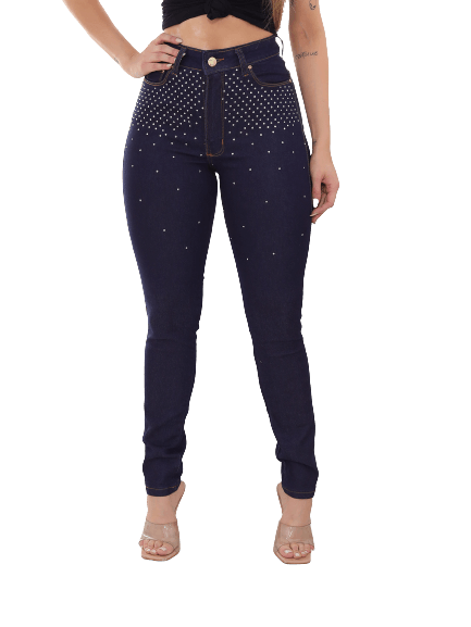 Calça Feminina Skinny Jeans Escuro Com Chuva De Brilho