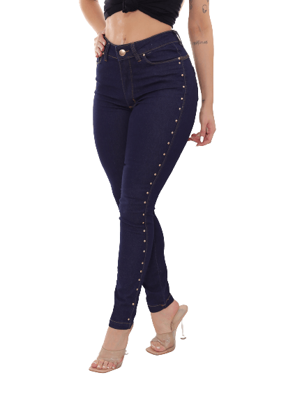 Calça Feminina Skinny Jeans Escuro Com Strass Lateral