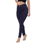 Calça Feminina Skinny Jeans Escuro Com Strass Lateral