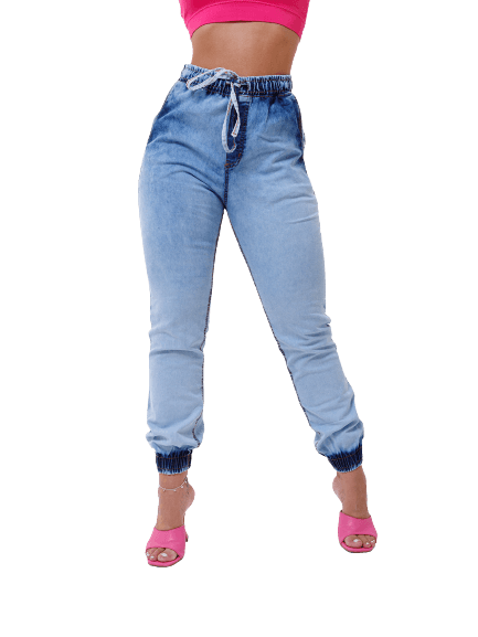 Calça Feminina Jogger Jeans Claro Lazúli Com Bolso Reserva