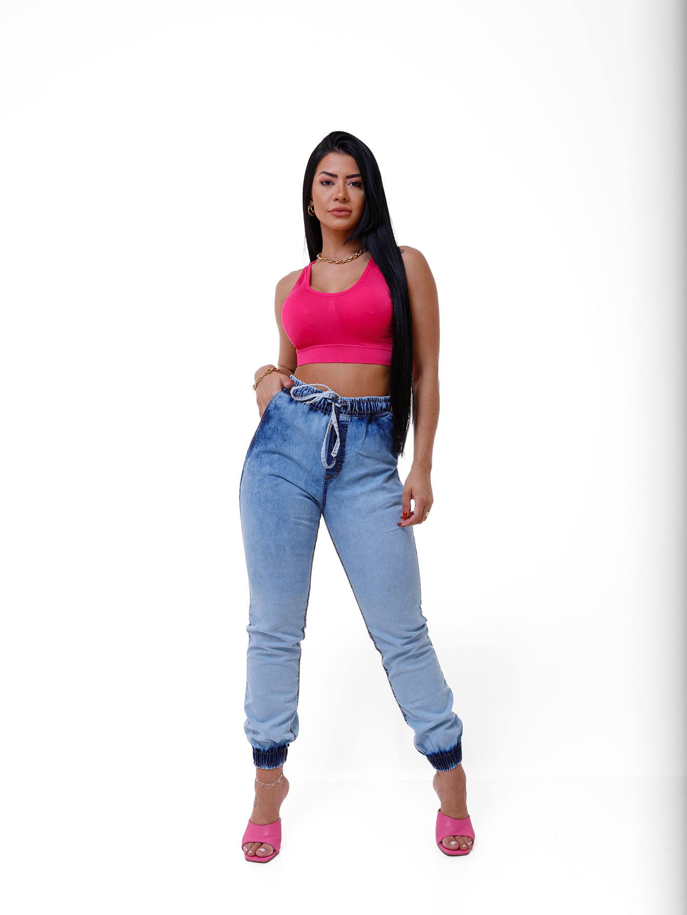 Calça Feminina Jogger Jeans Claro Lazúli Com Bolso Reserva