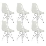 Kit 6 Cadeiras Eames Cristal Transparente Eiffel Base Metal Cromado