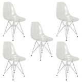 Kit 5 Cadeiras Eames Cristal Transparente Eiffel Base Metal Cromado