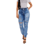 Calça Feminina Jogger Jeans Claro Lazúli Com Detalhe De Rasgo