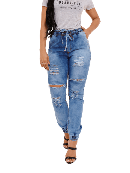 Calça Feminina Jogger Jeans Claro Lazúli Com Detalhe De Rasgo