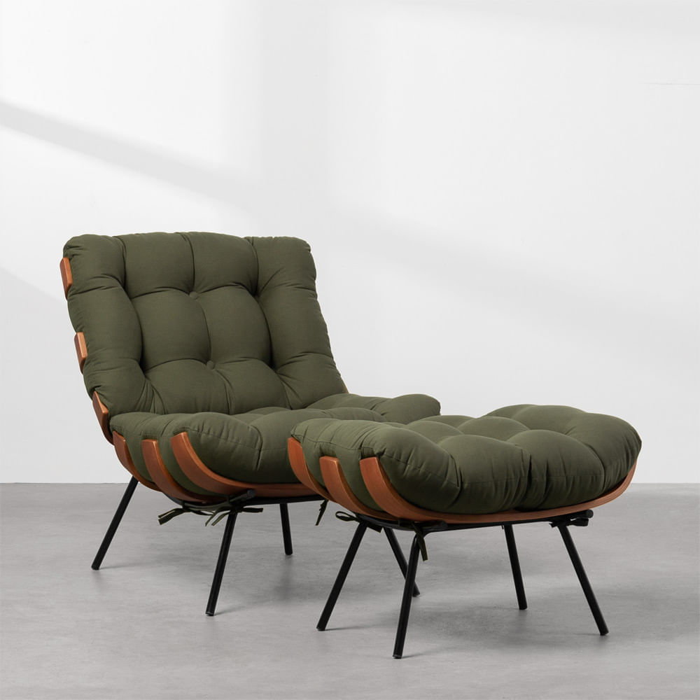 Poltrona E Puff Costela Slim Sarja - Verde Oliva