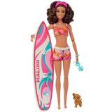 Boneca Barbie Filme Morena Articulada Prancha Surf Cachorrinho Praia E Acessórios Hpl69 Mattel