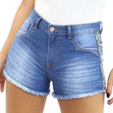 Shorts Jeans Feminino Shortinho Barra Desfiada Bolsos Verão Azul, 38