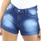 Shorts Jeans Feminino Desfiado Cintura Alta Verão Bolsos Azul 5452, 44