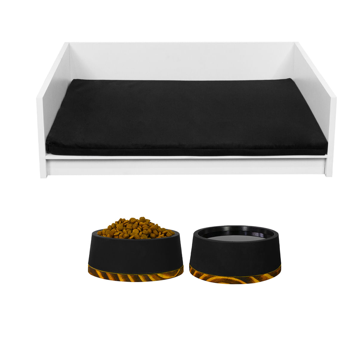 Kit 02 Comedouro E Caminha Pet Mdf Com Colchão Cães E Gatos