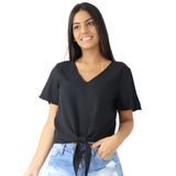 Blusa Feminina Lisa Com Decote Manga Curta Amarração Verão Preto, P