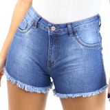 Shorts Jeans Feminino Shortinho Cintura Alta Barra Desfiada Azul, 40