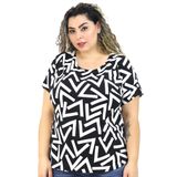 Blusa Feminina Plus Size Manga Curta Estampada Poliamida Branco Preto, G3