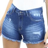 Shorts Jeans Feminino Desfiado Cintura Alta Verão Bolsos Azul 5206, 38