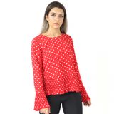 Blusa Feminina Poá Bolinha Manga Longa Flare Plissada Vermelho, P