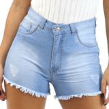 Shorts Jeans Feminino Shortinho Bolsos Barra Desfiada Verão Azul, 40