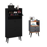 Kit Quarto Sapateira Vertical 3 Gavetas Basculantes Dark Preto E Mesinha Lateral Pequena Nicho Organizador Dream Cinza/cinamomo  Rpm