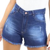 Shorts Jeans Feminino Shortinho Barra Desfiada Verão Bolsos Azul, 40