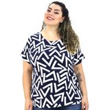 Blusa Feminina Plus Size Manga Curta Estampada Poliamida Branco Azul, G1