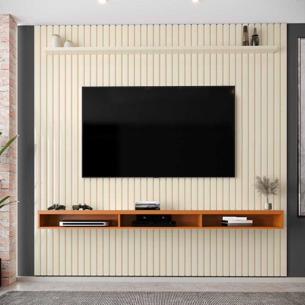 Painel Ripado Para Tv Até 75 Polegadas Intense Com Nicho 229cm Cor:off White/cedro