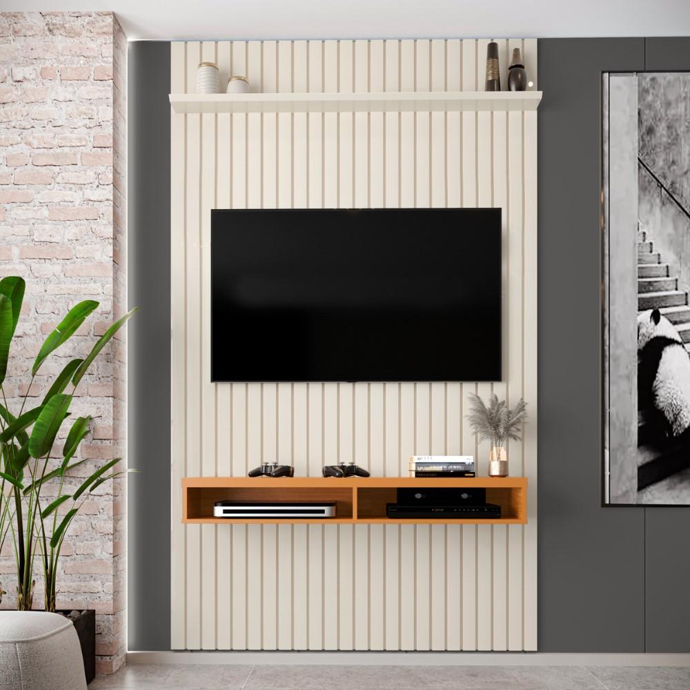 Painel Ripado Para Tv Até 55 Polegadas Intense Com Nicho 139cm Cor:off White/cedro