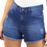 Shorts Jeans Feminino Desfiado Cintura Alta Verão Bolsos Azul 5423, 44