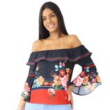 Blusa Feminina Ciganinha Ombro a Ombro Florida Manga 3 4 Preto, P