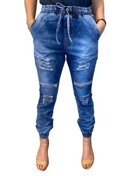 Calça Feminina Jogger Jeans Claro Lazúli Com Detalhe De Rasgo