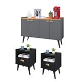 Kit 2 Mesinhas Cabeceira Estilo Retrô Preto 1 Gaveta Nicho Decorativo E Buffet Kiev Cantinho Café Cinza/cinamomo - Rpm Móveis