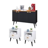 Kit 2 Mesinhas Cabeceira Estilo Retrô Branco 1 Gaveta Nicho Decorativo E Buffet Kiev Cantinho Café Preto/cinamomo - Rpm Móveis