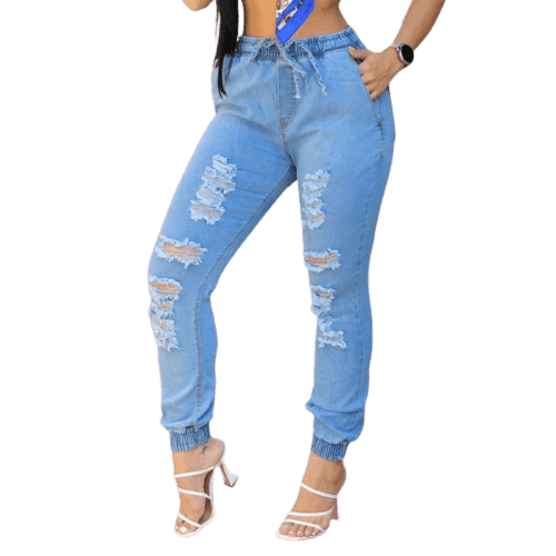 Calça Feminina Jogger Jeans Claro Lazúli Com Rasgo- Lazuli Jeans Jogger