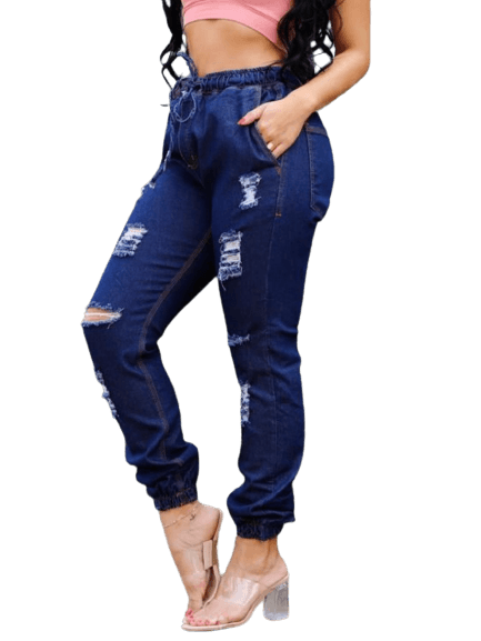 Calça Feminina Jogger Jeans Escuro Com Rasgo -  C028