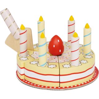 Conjunto de jogos de bolo de festa de aniversário, 28 brinquedos de bolo de  aniversário de corte de madeira com comida de faz de conta com velas,  brinquedo de comida de faz