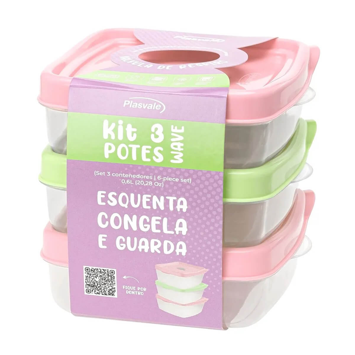 Conjunte 3 Potes De Plástico 600ml Plasvale Vasilhas Com Tampa Quadrado Colorido