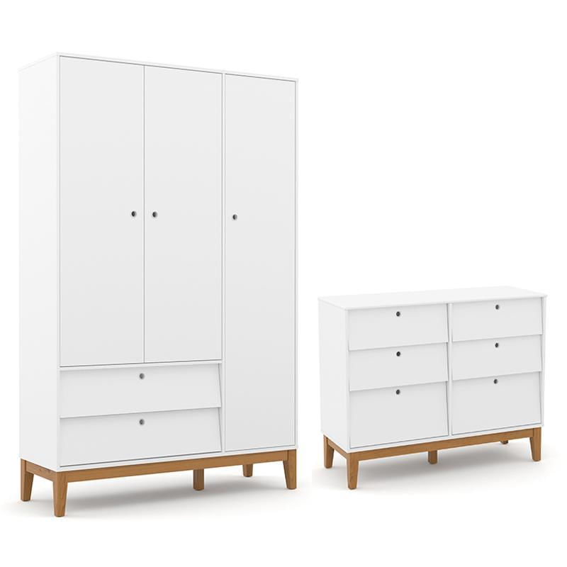 Jogo De Quarto Infantil Unique Guarda Roupa 3 Portas E Cômoda 6 Gavetas Branco Soft/eco Wood - Matic Móveis