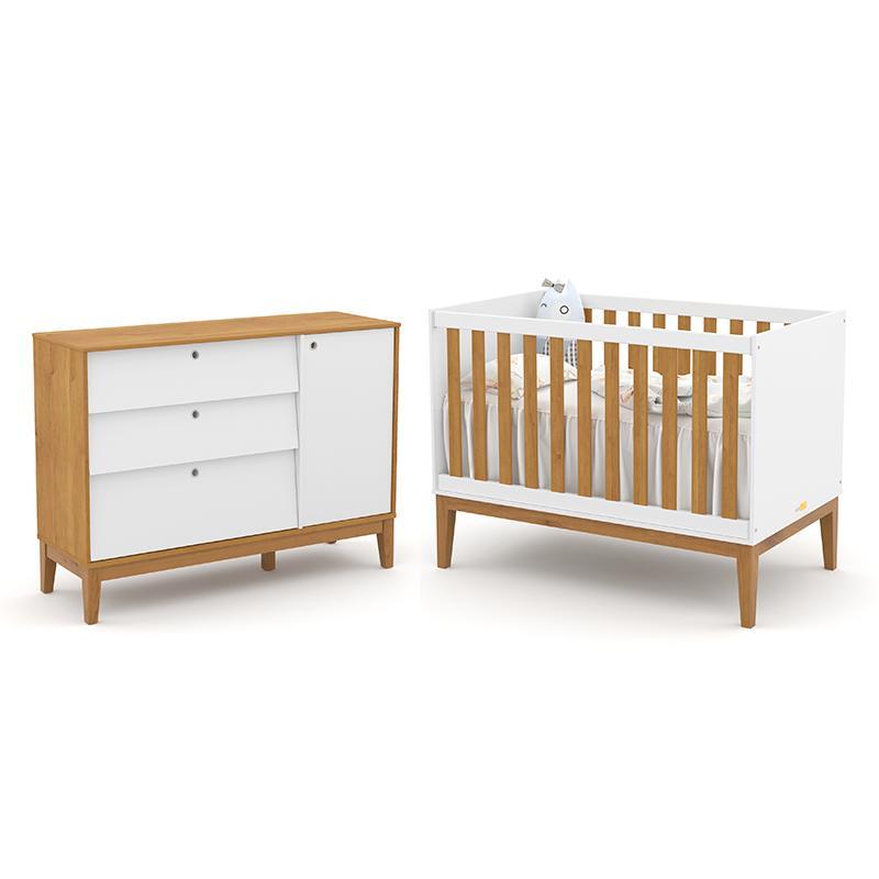 Jogo De Quarto Infantil Unique Cômoda Com Porta E Berço Branco Soft/freijó/eco Wood - Matic Móveis