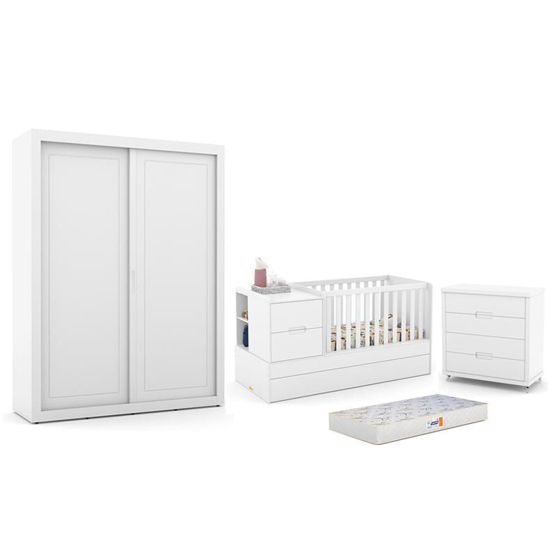 Dormitório Completo Infantil Tutto New 2 Portas De Correr, Cômoda 4 Gavetas, Berço Formare E Colchão D18 Branco Soft - Matic Móveis