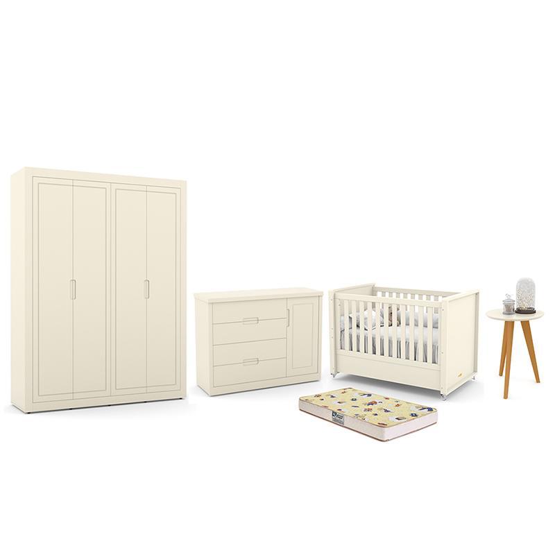 Dormitório Tutto New 4 Portas, Cômoda 1 Porta, Berço Off White Com Colchão D18 E Mesinha - Matic Móveis