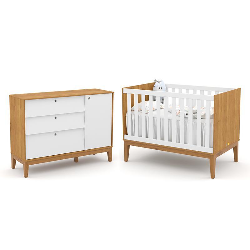 Jogo De Quarto Infantil Unique Cômoda Com Porta E Berço Freijó/branco Soft/eco Wood - Matic Móveis