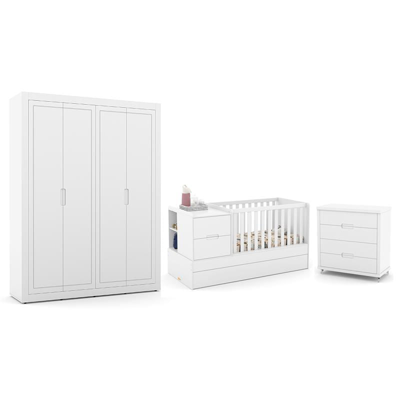 Dormitório Completo Infantil Tutto New 4 Portas, Cômoda 4 Gavetas, Berço Multifuncional Formare Branco Soft E Colchões D18 E D33 - Matic Móveis