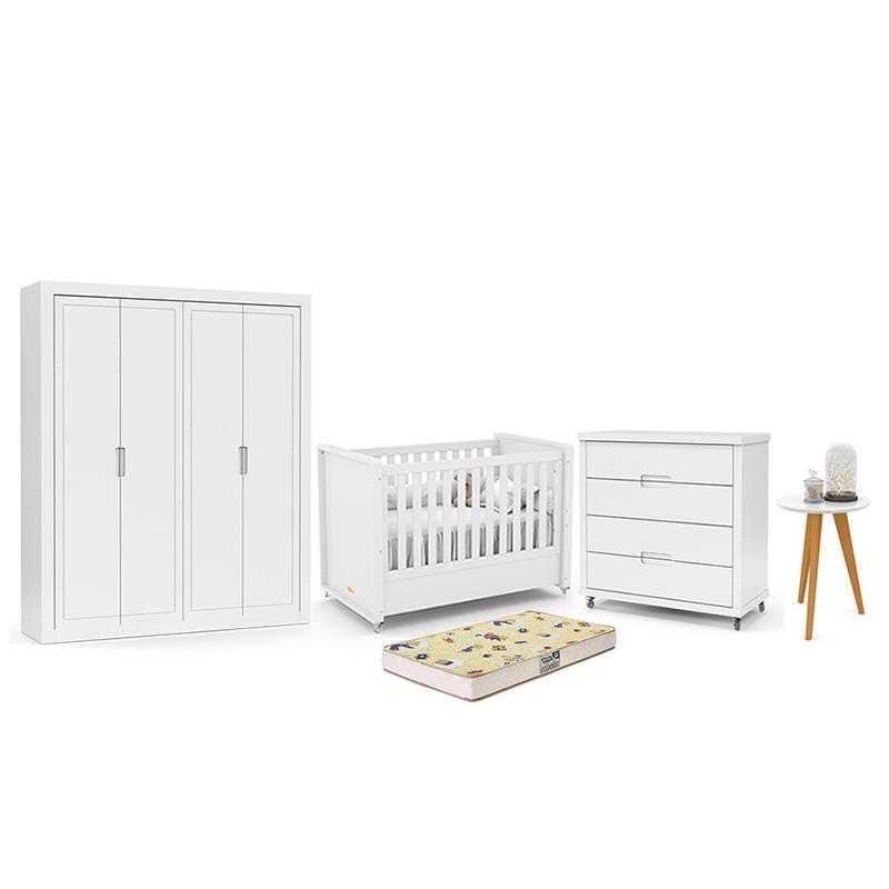 Dormitório Tutto New 4 Portas, Cômoda, Berço Branco Soft Com Colchão D18 E Mesinha - Matic Móveis