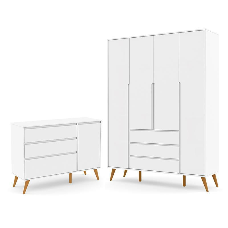 Jogo De Quarto Infantil Retrô Clean Guarda Roupa 4 Portas E Cômoda Com Porta Branco Soft/eco Wood - Matic Móveis