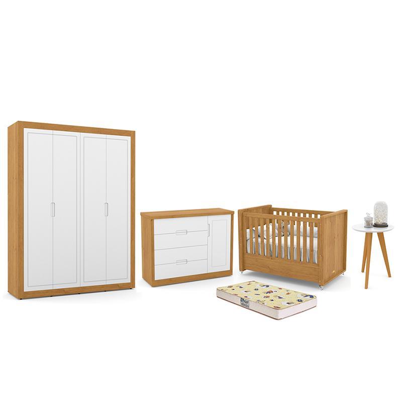 Dormitório Tutto New 4 Portas, Cômoda 1 Porta, Berço Freijó/branco Soft Com Colchão D18 E Mesinha - Matic Móveis