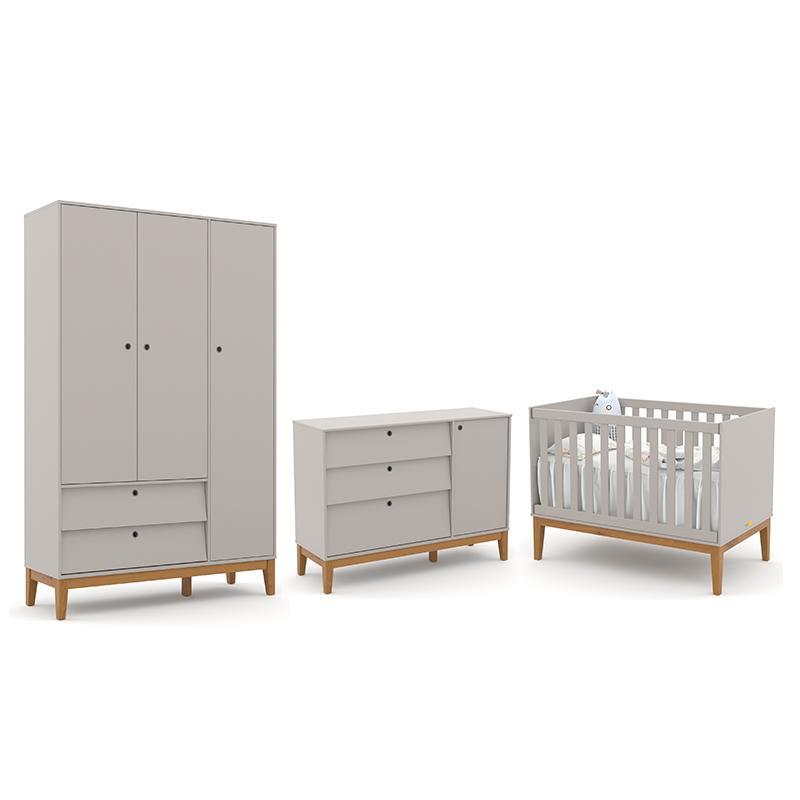 Dormitório Completo Infantil Unique 3 Portas, Cômoda Com Porta E Berço Cinza/eco Wood - Matic Móveis