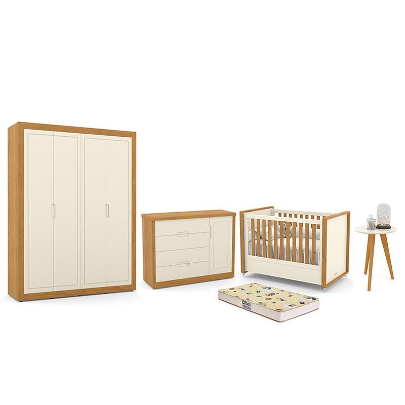 Dormitório Tutto New 4 Portas, Cômoda 1 Porta, Berço Off White/freijó Com Colchão D18 E Mesinha - Matic Móveis