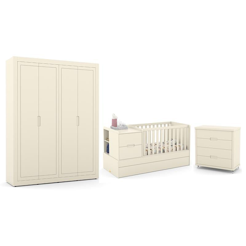 Dormitório Completo Infantil Tutto New 4 Portas, Cômoda 4 Gavetas, Berço Multifuncional Formare Off White E Colchões D18 E D33 - Matic Móveis