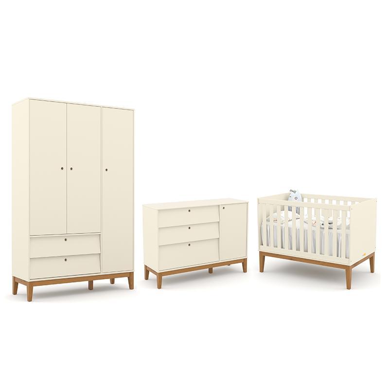 Dormitório Completo Infantil Unique 3 Portas, Cômoda Com Porta E Berço Off White/eco Wood - Matic Móveis